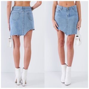 Asymmetrical Blue Washed Raw Cut Mini Demin Skirt